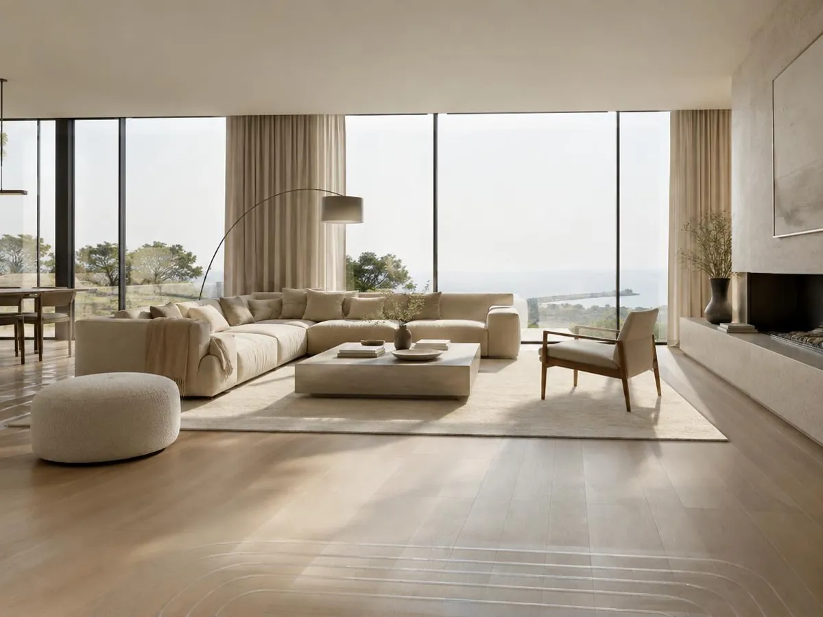Modern minimalist salon zemininde yerden ısıtma uygulaması